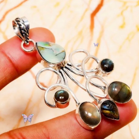 Abalone Shell & Labradorite Twisted Tassel Multi Gemstone Drop Handmade Pendant - Picture 2 of 5